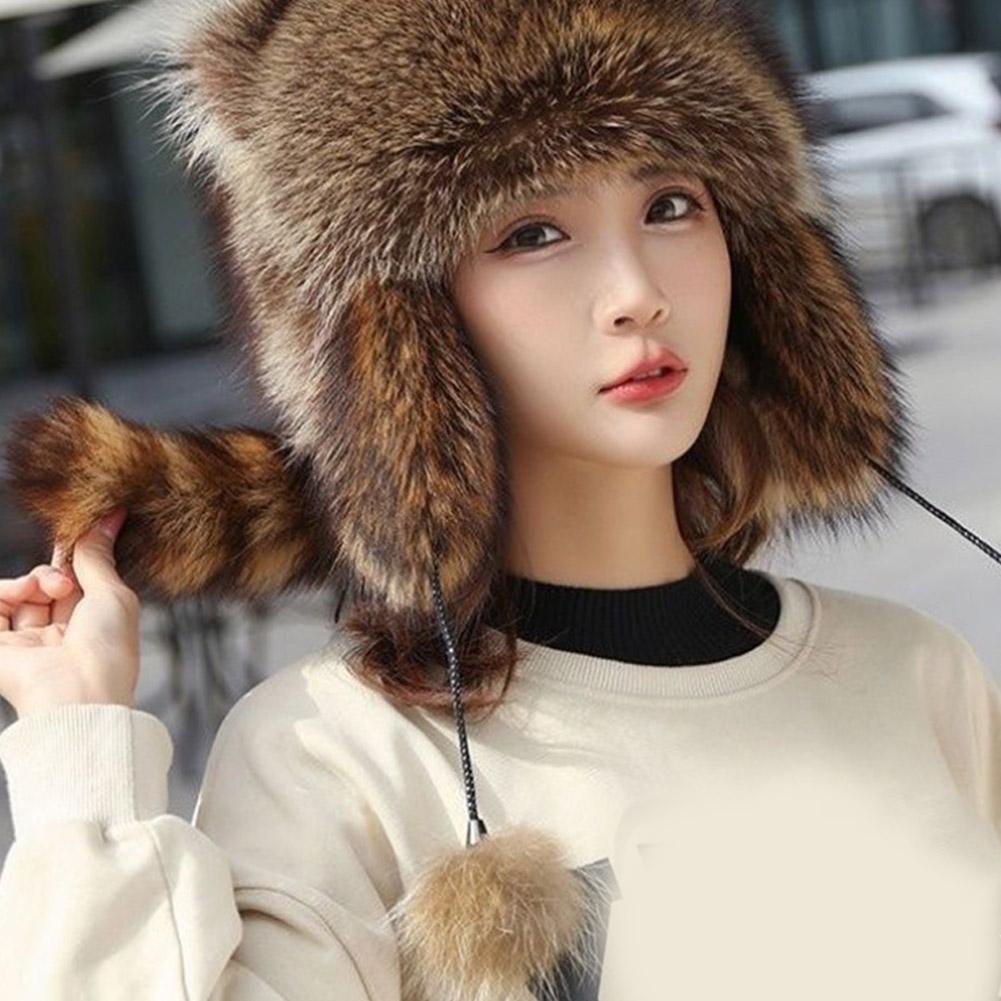 Winter Thickening Lei Feng Hat Season Thickened Cute Raccoon Tail Plush Cap Women Winter Windproof Thick Warm Ears Flaps Hat