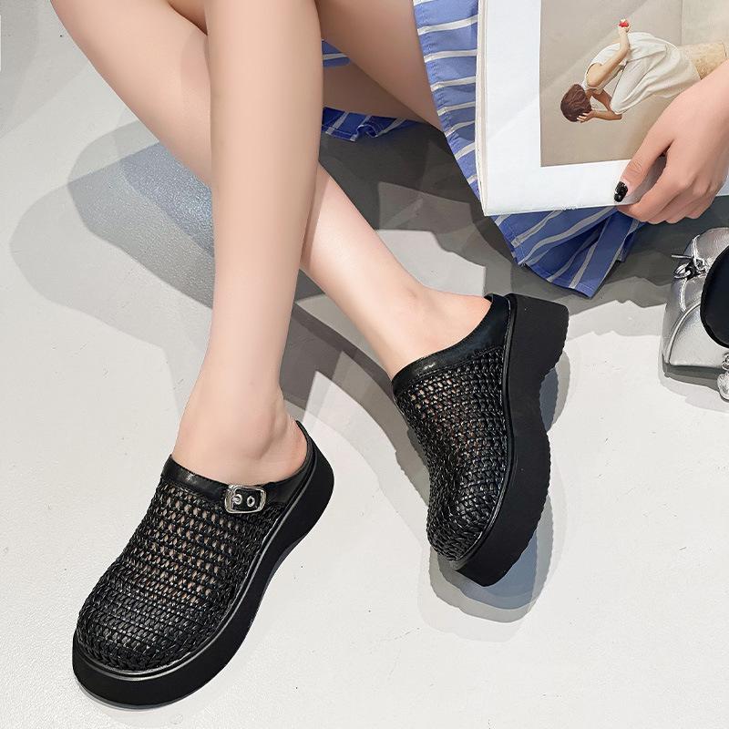 Pantofole con suola spessa indossano estate nuovo rete intrecciata traspirante pelle testa di borsa casual pigra a slittare