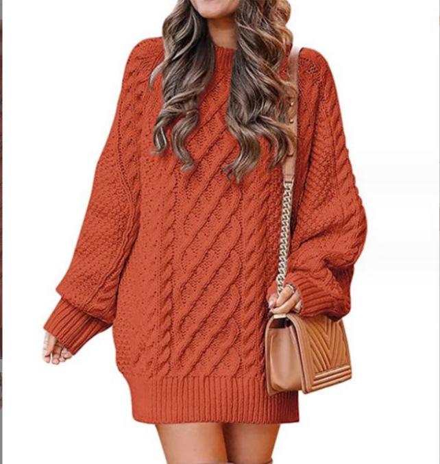 European & American Women's Oversized Cable Knit Sweater Dress - Round Neck, Long Sleeve, Mid-Length, Warm