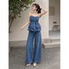 Costume en jean rétro français pour femme Xia Xin taille fine bretelles volants haut pantalon large taille haute ensemble deux pièces