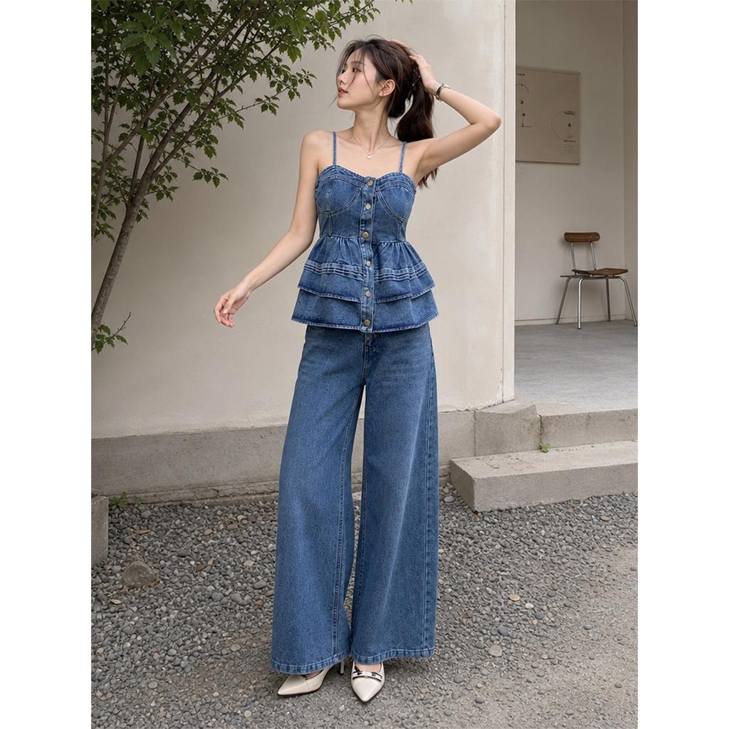 Costume en jean rétro français pour femme Xia Xin taille fine bretelles volants haut pantalon large taille haute ensemble deux pièces
