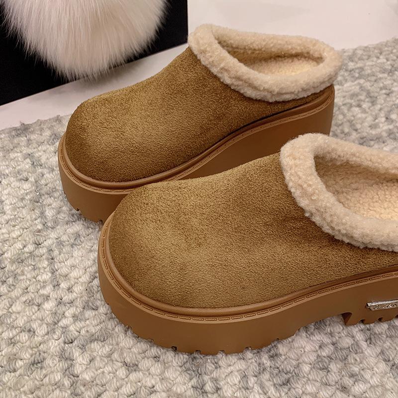 Leather thick-soled heightened piled bag head half slippers women's shoes autumn and winter new snow boots fluffy cotton slippers