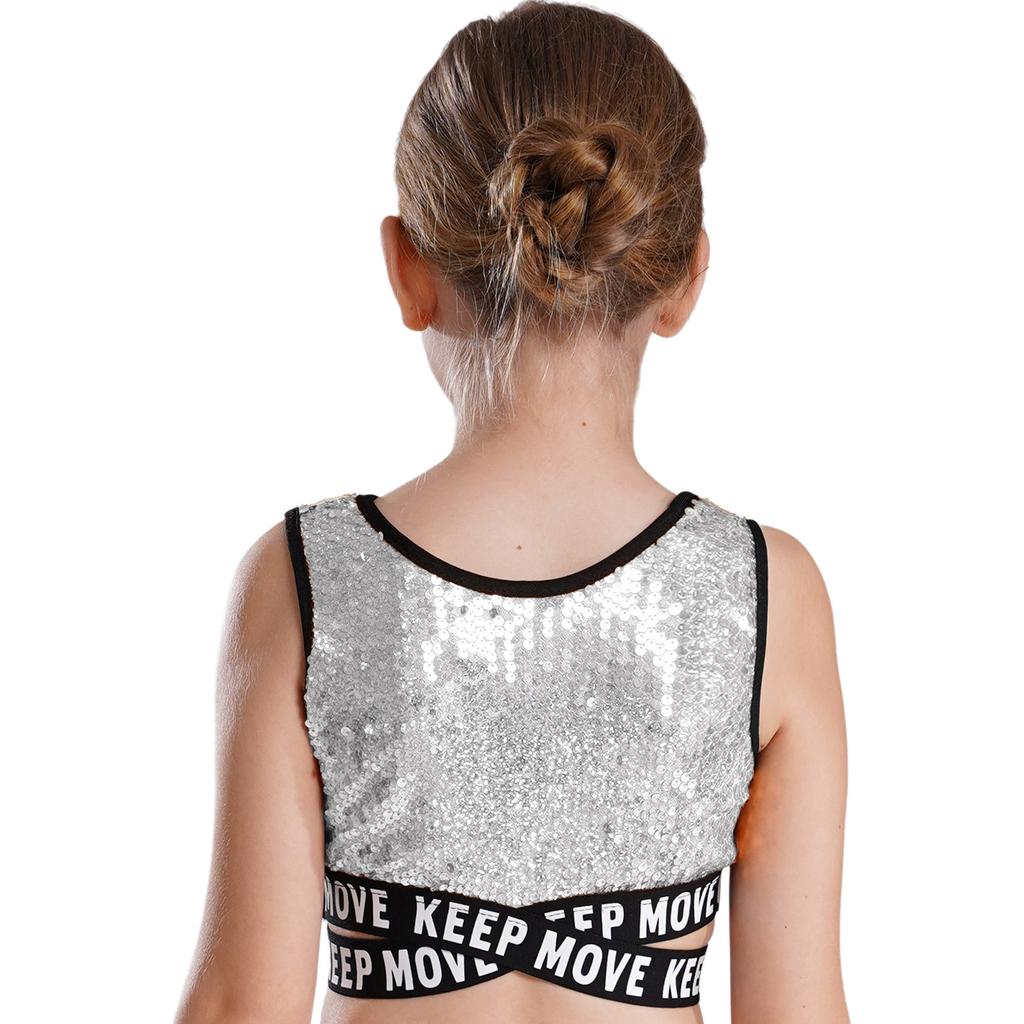 Mädchen Glitzernde Pailletten Crop Top Ärmellos Rundhalsausschnitt Überkreuzte Taille Hip Hop Dance Performance Wear