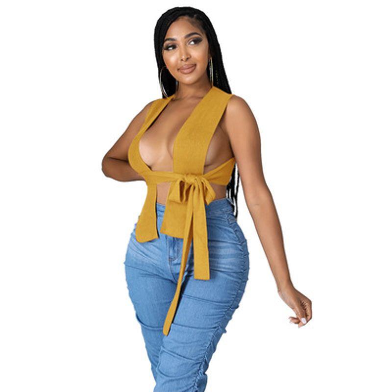 Solid Color Outerwear Thread Hollow-out Slim-Fit Short Top Hanging Neck