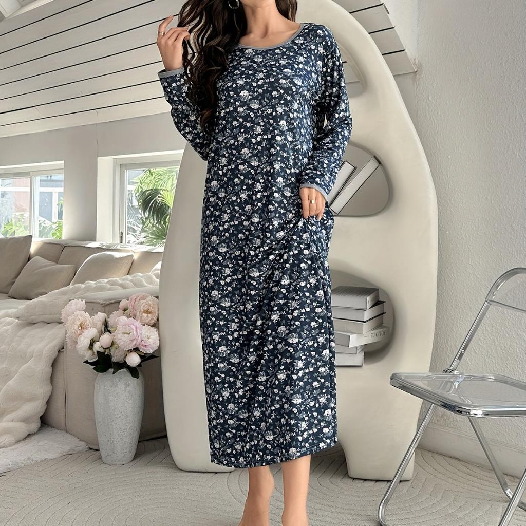 Milk Silk Pajamas Floral Dress Round Neck Long Sleeve Women's Dresses Soft Skin Friendly Dress