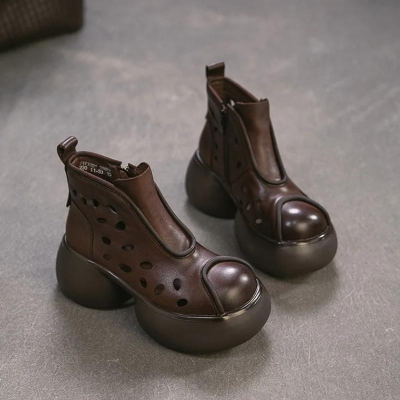 Johnature Genuine Leather Round Toe Hollow-out Thick Soled Boots Retro High Heels Women's Platform Shoes