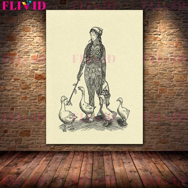 Baba Yaga Swamp Cottage and Pest Doctor Vintage Wall Art Canvas Printed Jungle Witch Magic Animal Elements Art Poster