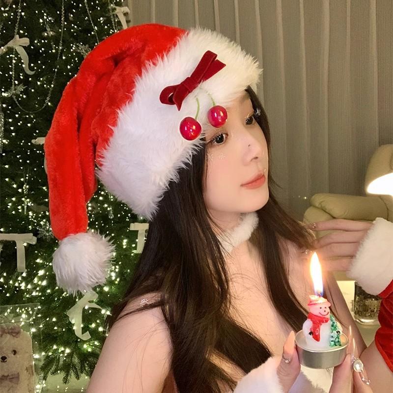 Red Cherry Bow Atmosphere Christmas Hat Winter Girl Black Plush Photo Prop