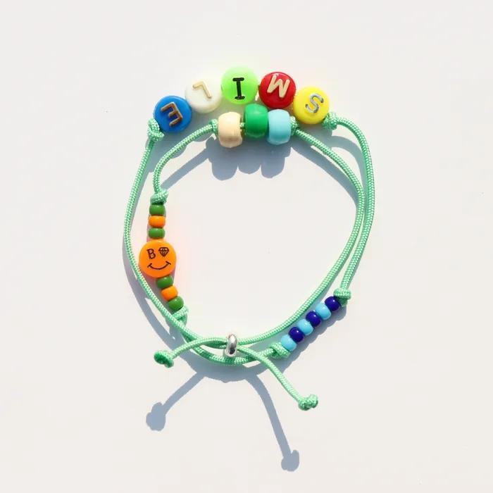 Happy Pop Initial Smile Knot Bracelet Smile Charm Initial Bead Double-Strand Knot Bracelet Thread Bracelet