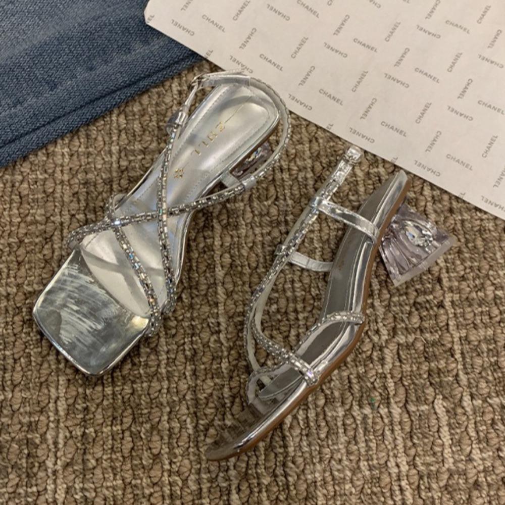 High Heeled Sandals Women Summer Straight Cut with Rhinestones Transparent Womens Sandals Crystal Heel Plus Size Women's Shoes