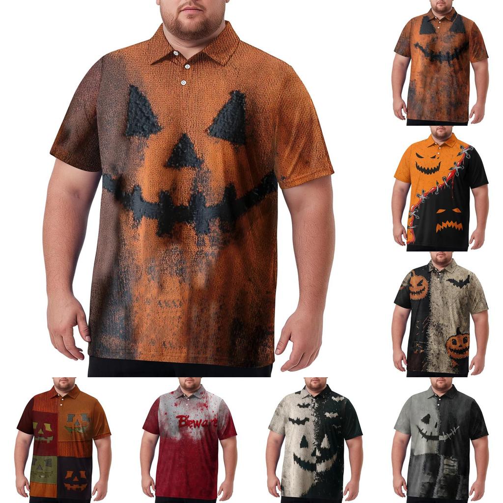 Men's Big Size Halloween Print Golf Polo Shirt Breathable Short Sleeve Casual Workwear Top Comfortable Fit