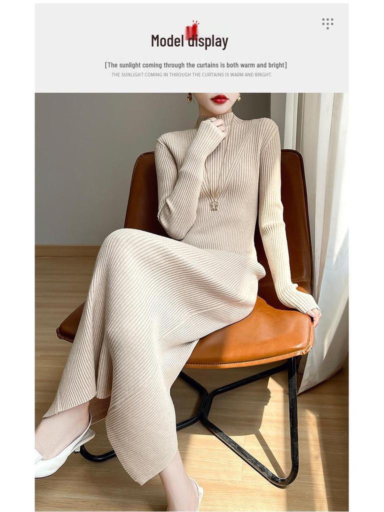 New Autumn/Winter Slimming Knit Dress for Women - Half-High Neck, Figure-Flattering, Long Length Bodycon Skirt
