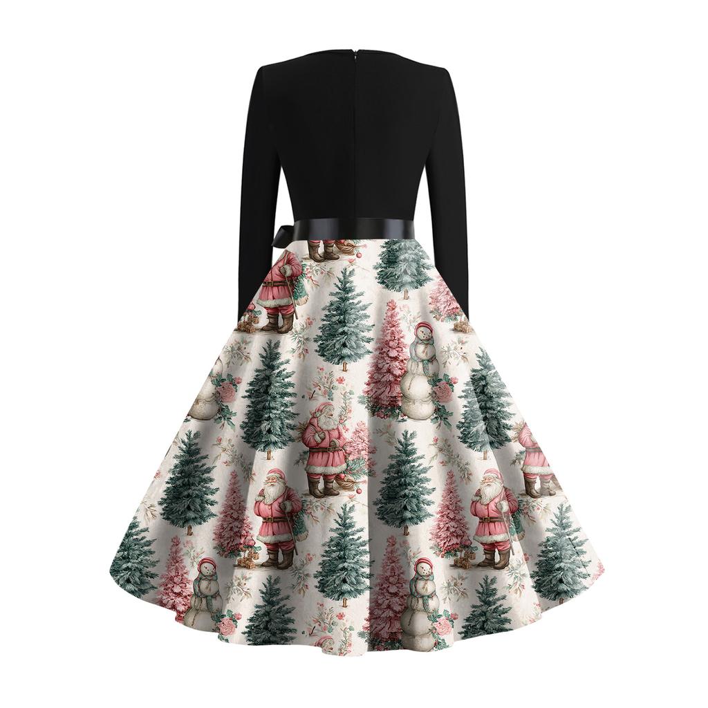 Women's Casual Fashion Long Sleeve Christmas Graphic Printed Vintage Long Dresses