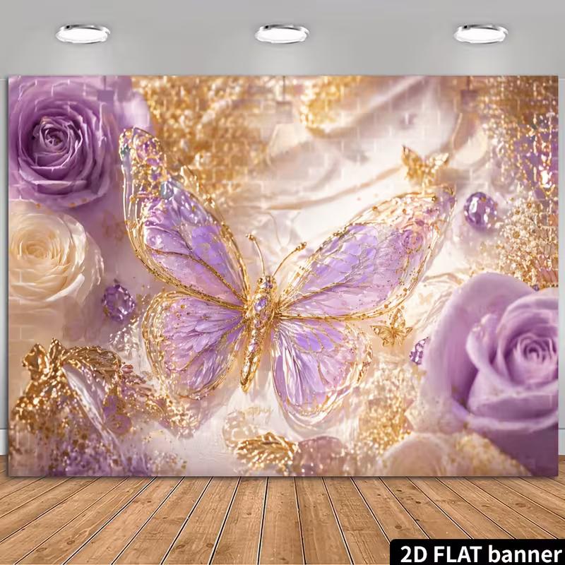 2D Glam Butterfly Party Backdrop, Purple Gold Floral & Diamond Background Decoration