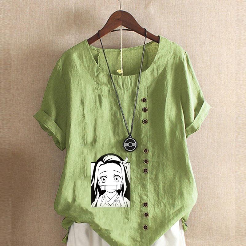 

Женская мода Девушка с принтом Футболка с круглым вырезом и короткими рукавами Повседневная хлопково-льняная графическая рубашка Досуг Свободная летняя блузка Топы 5XL зелёный