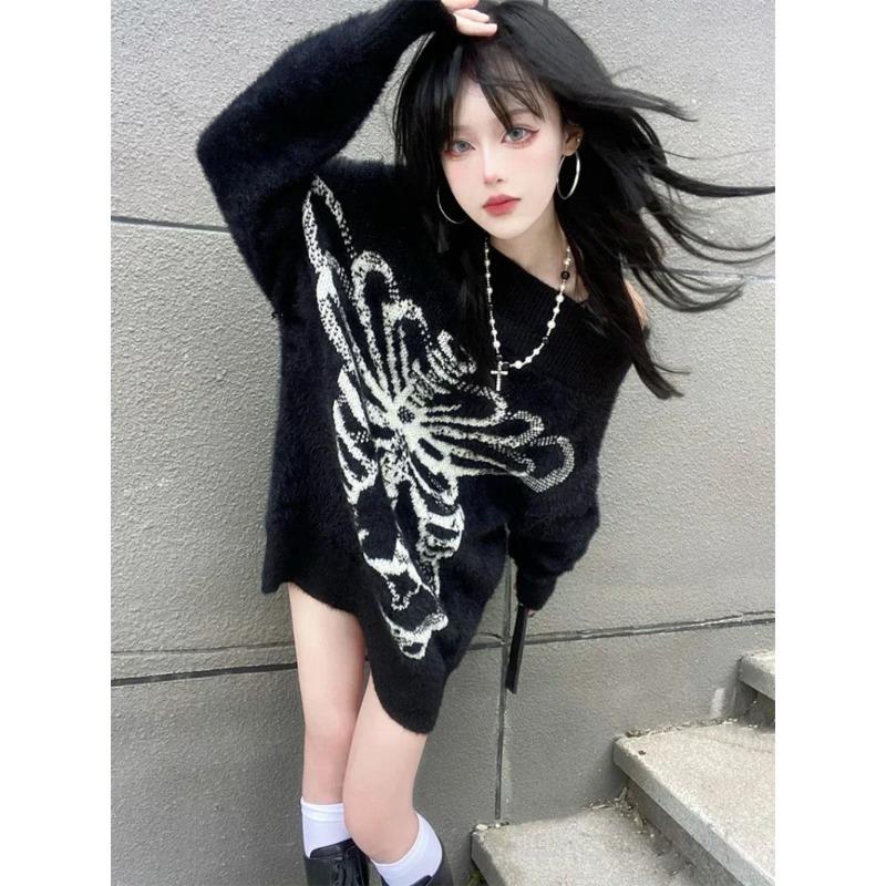 ROADVIBE Goth Skull Print Harajuku Sweater Sweater Tops Aesthetic Women's Black Pullover Harajuku Fashion Streetwear Tops 2000