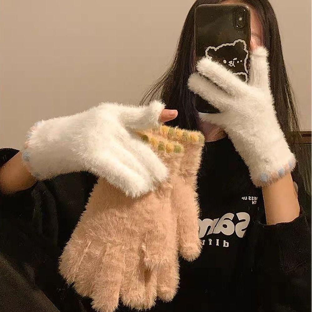 Elastic Fleece Women's Gloves Korean Style Ski Mittens Mink Velvet Gloves  For Girls Winter