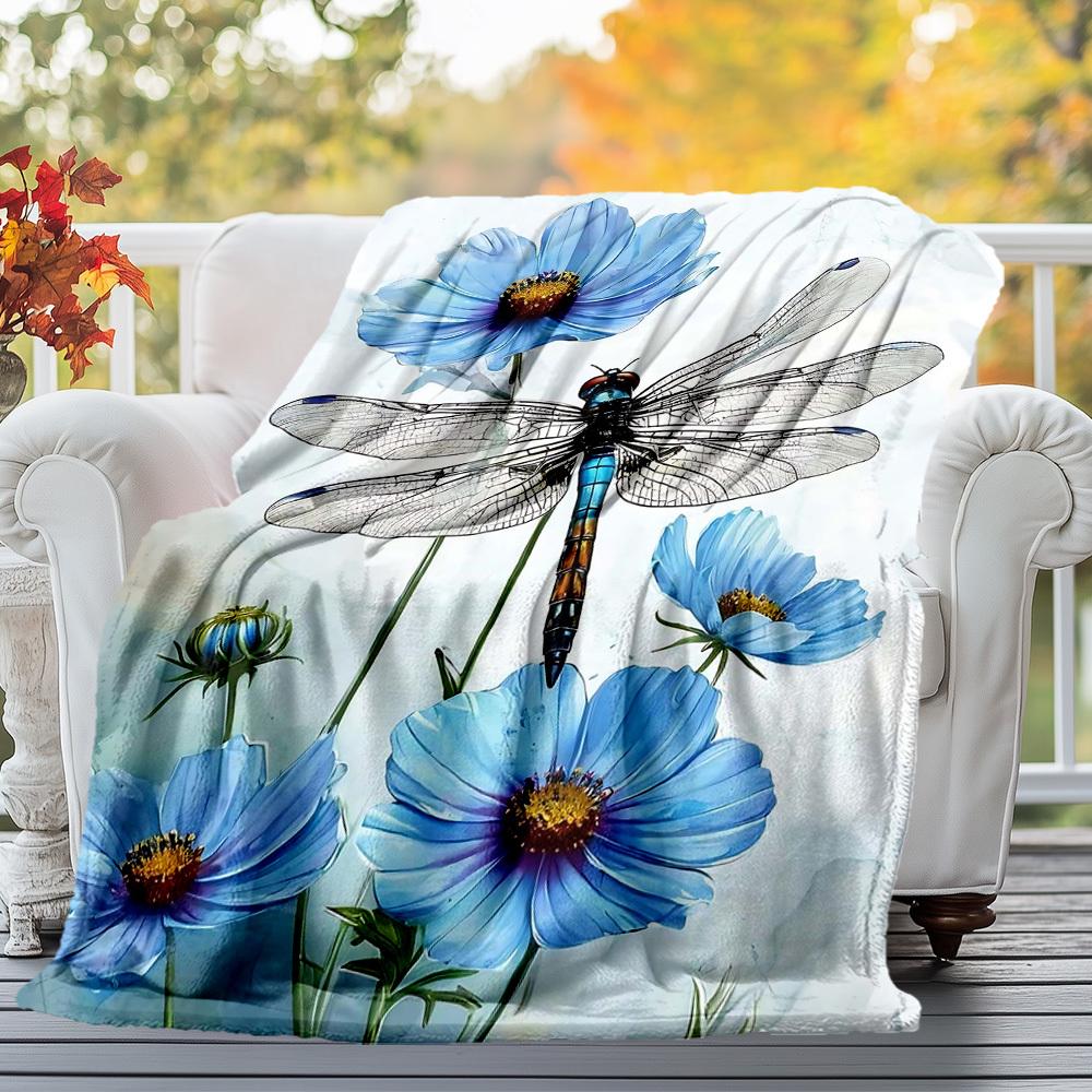 1PC Dragonfly FlowersOutdoor Flannel Blanket - Soft Plush Decor for Picnics, camping, Bedroom, Playroom, Office, or Lunch Break 1224A