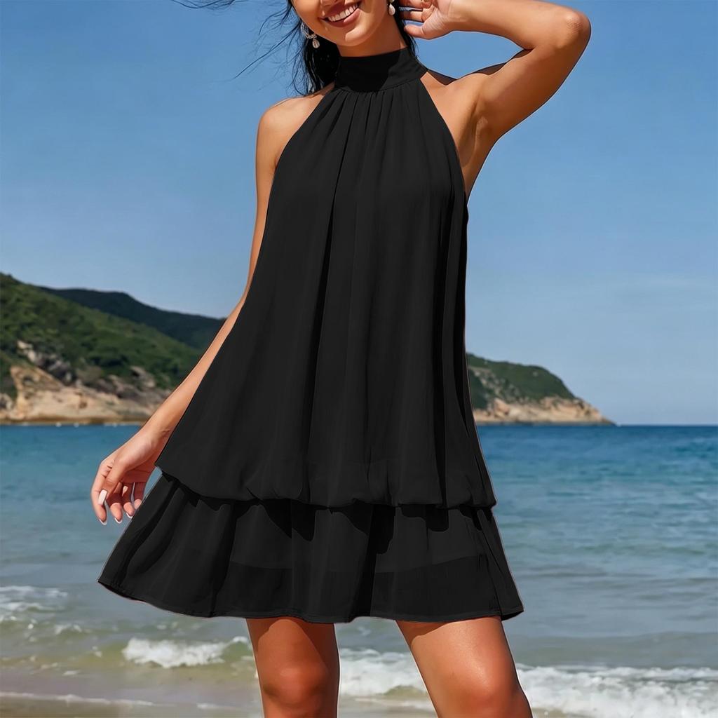 Sleeveless Halter Neck Mini Dress with Layered Hem and Loose Fit for Women Suitable for Various Occasions