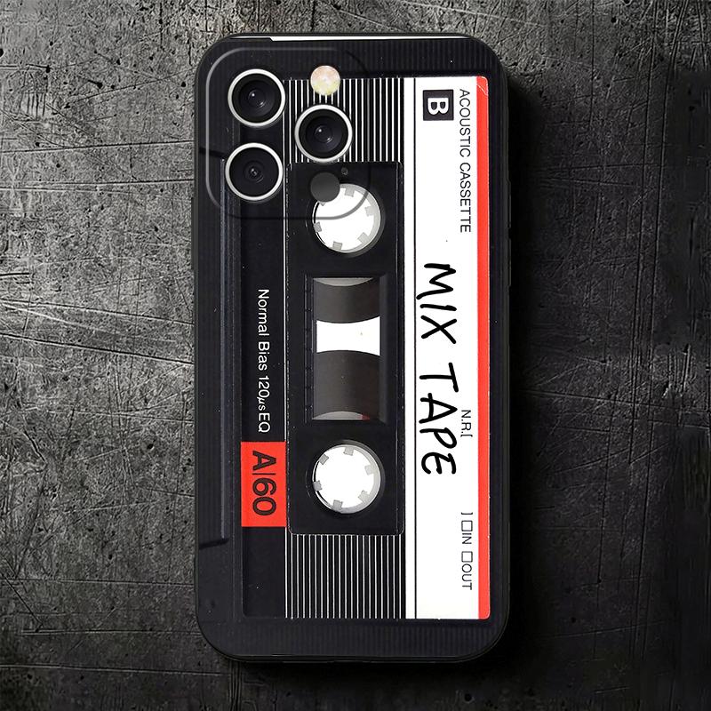 Vintage 90S Cassette Tape Pattern Soft Phone Case for iPhone 16 16E 17 Air 15 Pro Max 14 Plus 13 Mini 11 12 7 Black Cover Back S