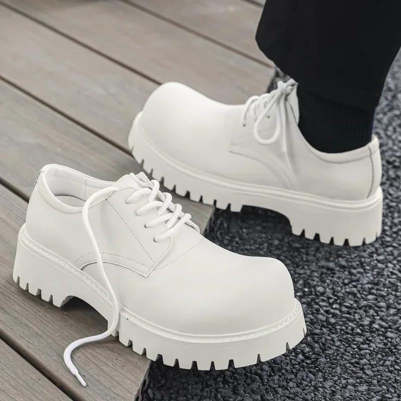 Thick Sole Casual Genuine Leather Dress Shoes Men Platform Heighten Japan Harajuku Korean Streetwear Fashion Shoes for Men White
