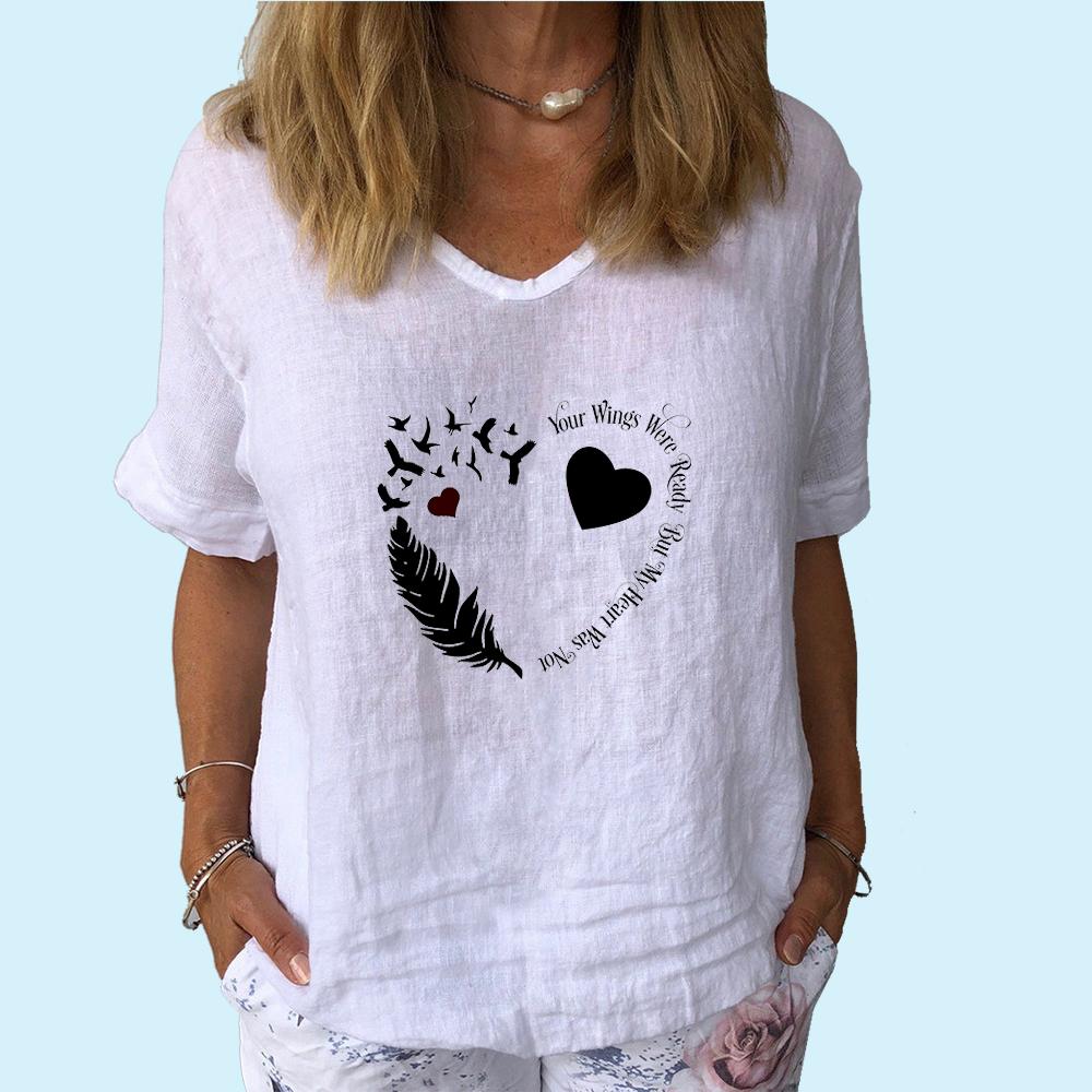 Women Fashion V Collar Short Sleeve T-shirt Casual Cotton Linen Thin Top Ladies Pullover Print Tee Shirt