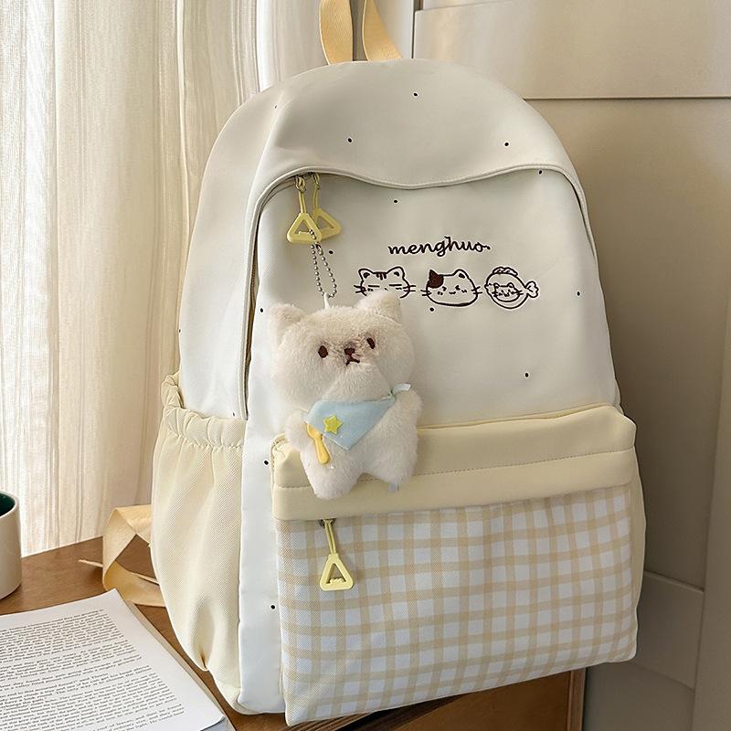 Schoolbag New Cute Cat Embroidered Backpack Female Middle and High School Students Large Capacity School Bag Campus Plaid Versatile Backpack