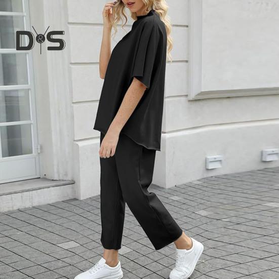 2 ks/sada Dámske Top nohavice Súprava Polovysoký golier Blúzka so širokými nohavicami Elastický pás Nohavice s vreckami Voľný outfit na voľný čas