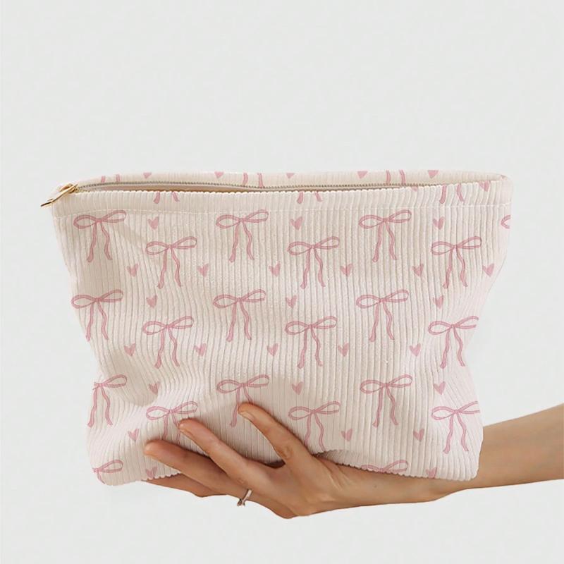 Zipper Closure Pink Bow Corduroy Cosmetic Bag Minimal Design Soft Touch Makeup Organizer for Daily Skincare Storage