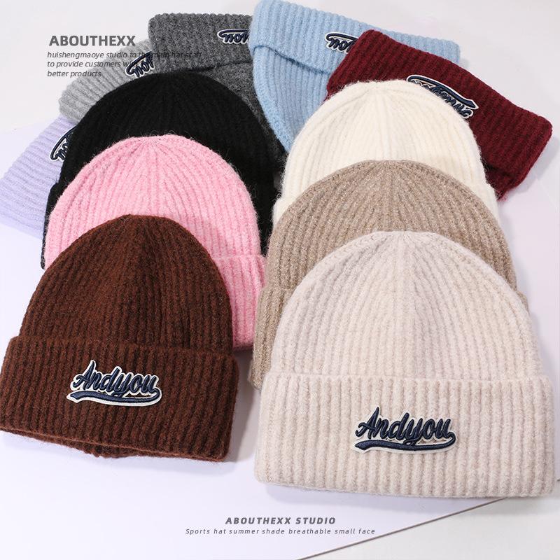 Autumn and Winter Wool Hat for Women's Letters Versatile Knitted Hat Korean Style Fashion Ear Protection Warm Hat Outdoor Student Pullover Hat