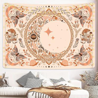1 Bohemian Chic Vintage Tapestry with Flowers, Butterflies, Moon and Stars Pattern - Pink Mandala Wall Hanging for Bedroom