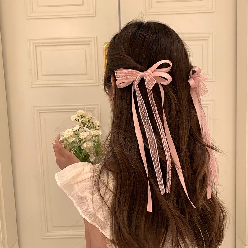 Korean Ballet Style Ribbon Bow Hair Clip with Tassels - Large Double Layer Duckbill Clip Headwear for Girls.