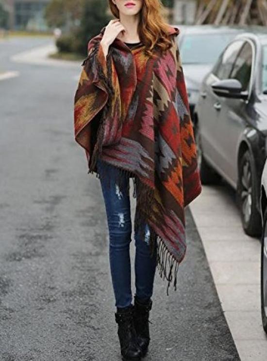Sarah Rose Wool Poncho Ethnic Bohemian Print Soft Women's Coat/Cape/Shawl, Hoodie, Silhouette, Fall/Winter (Khaki)