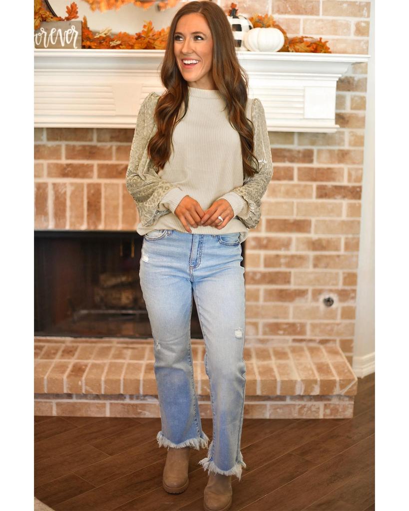 Azura Exchange Leopard Print Long Sleeve Ribbed Knit Blouse
