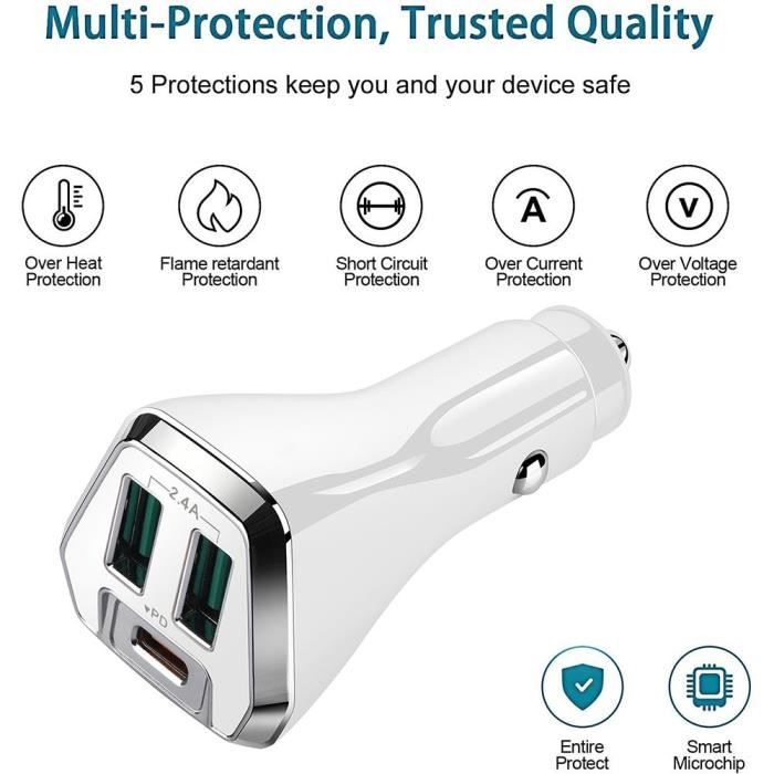 Chargeur de Voiture 3-Port USB 2,4A et USB-C PD - BOOLING - Blanc - Prise Allume-Cigare - Universel