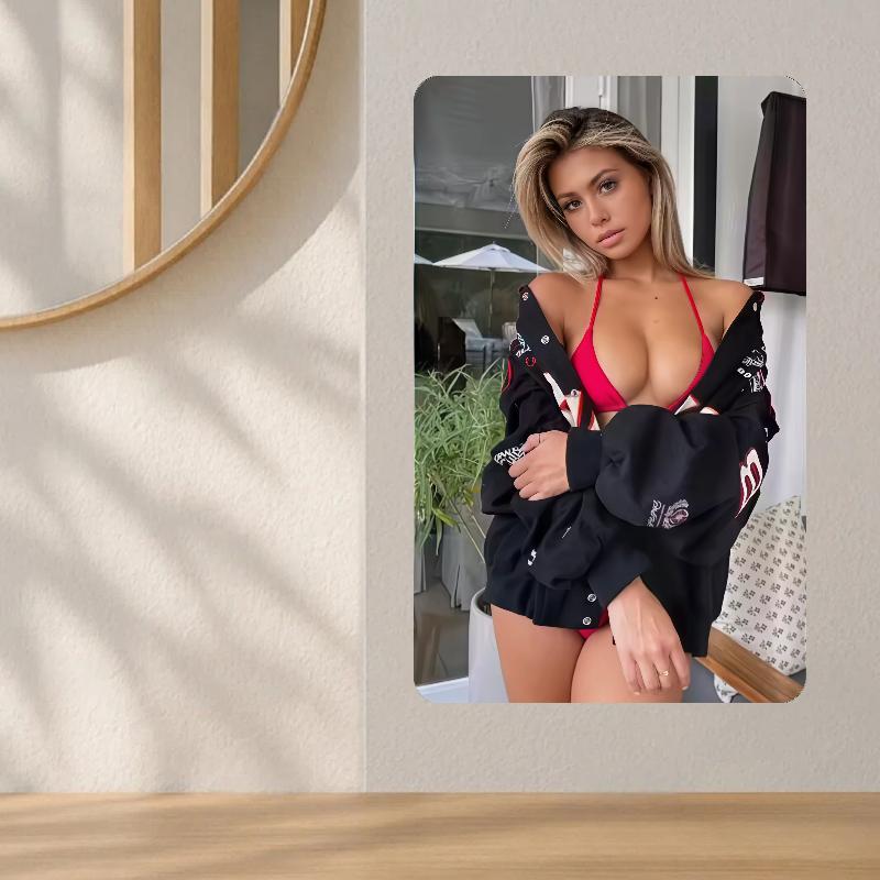 1PC 2D Vintage Metal Sign Sexy Curvy Woman Red Bikini Black Jacket 2D Metal Wall Art - Home Cafe Bar Decor Xmas Gift