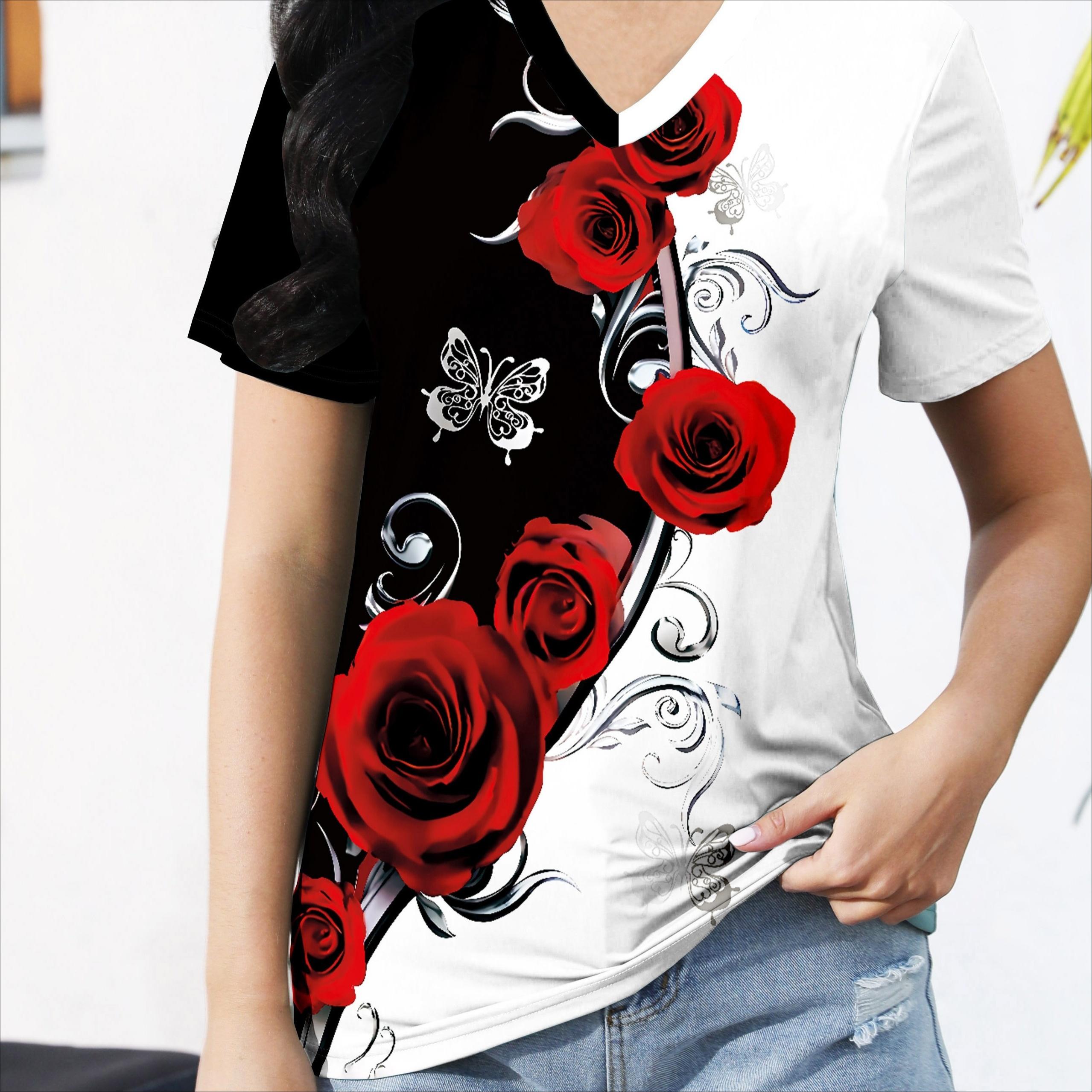 

Футболка с V-образным вырезом и 3D-принтом «Розы». Элегантная футболка с коротким рукавом в стиле колор-блок для лета. Женские футболки. 5XL