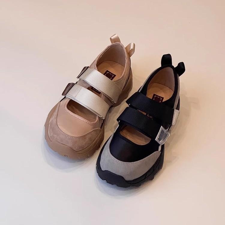 Sheepskin version~ Retro sports versatile Velcro thick sole inner height increase leather round head ballet Mary Jane single shoes