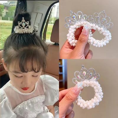 White Pearl Crown Girls Hairbands Sweet Girls Princess Pearl Rhinestone High Elastic Hairbands Children Kids Birthday Headwear