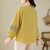 Spring Cotton Linen Plus Size Long Sleeve Embroidered Floral Top for Middle-Aged Women