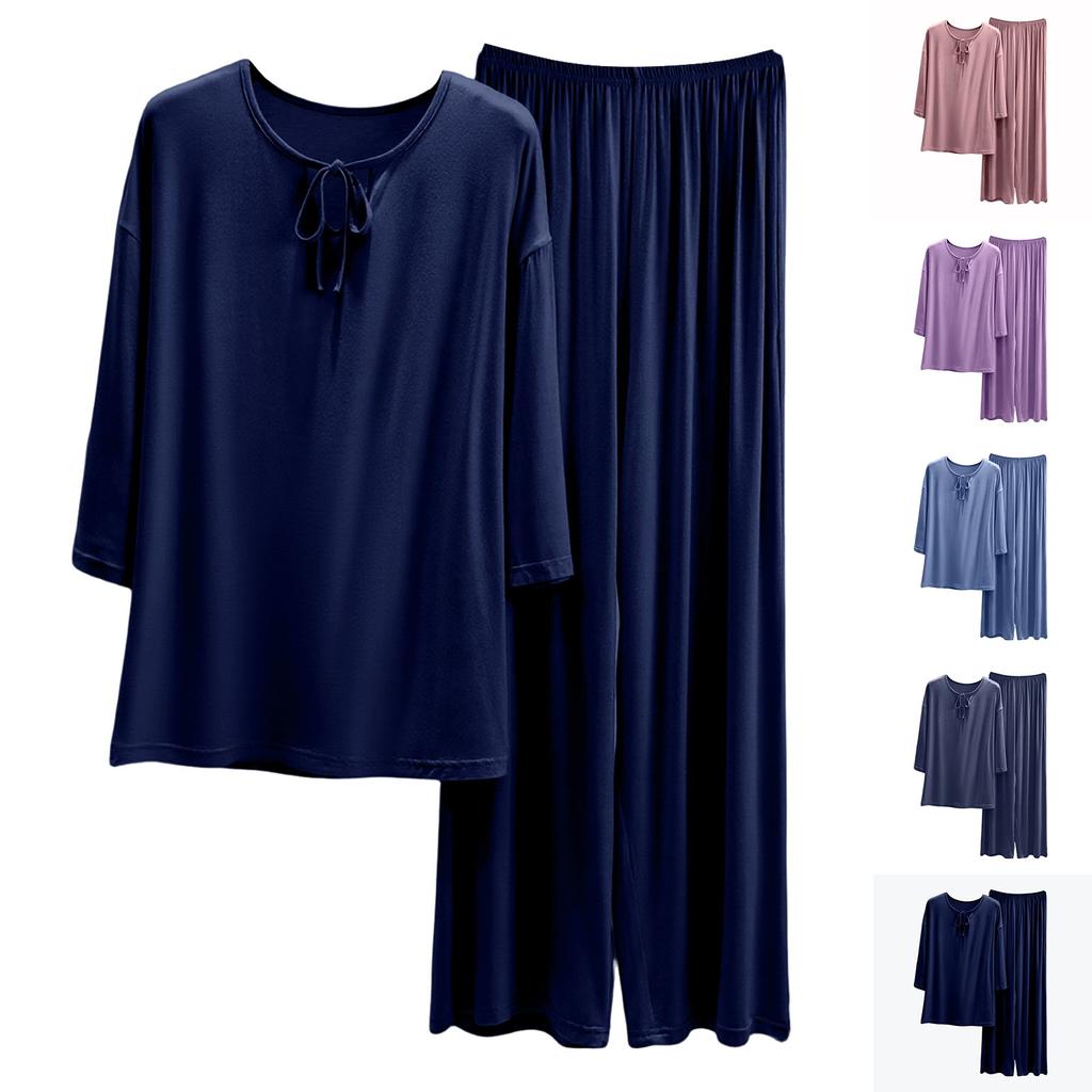 Ladies' Summer Loose And Comfortable Three Quarter Sleeved T-shirt Straight Leg Pants Plus Size Pajamas Set