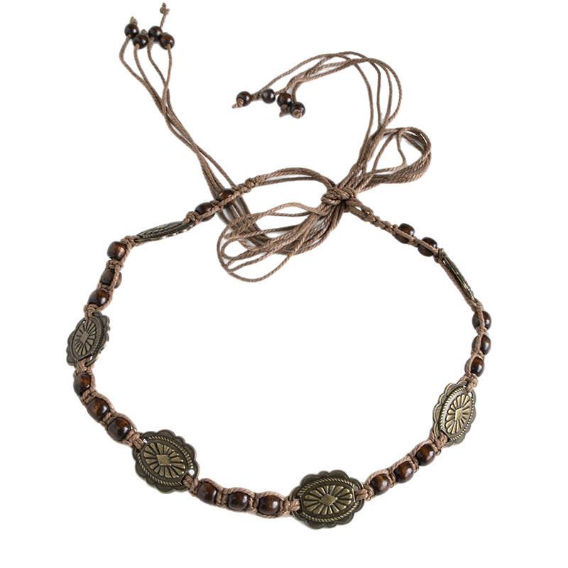 Metal Bohemian Style And Wooden Bead Decor Women Casual Woven Belt Daily For