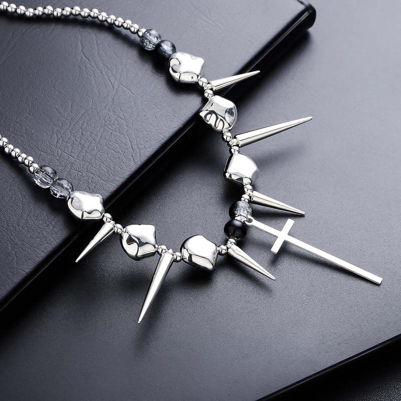 Retro Silver Color Rivet Cross Pendant Necklaces for Women Men Punk Hip Hop Long Spike Tassel Choker Necklaces Y2K Jewelry Gifts