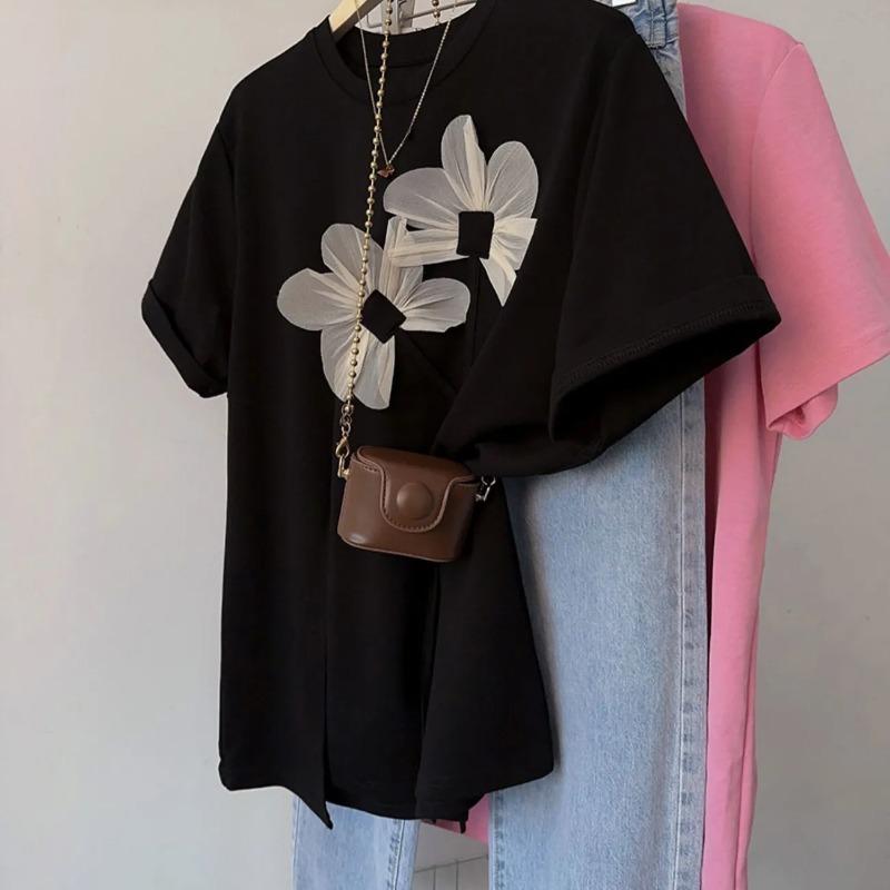 Korean Style Irregular Slit Short-sleeved T-shirt for Women Pure Cotton Summer New Design Three-dimensional Flower