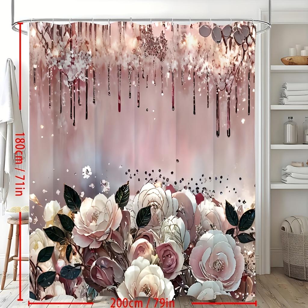 1 Stück Glänzender Rosa Rosen Duschvorhang - Kunstmuster, Polyester, 12 Haken, 70,8x70,8 Zoll, Badezimmer-Dekorationsset