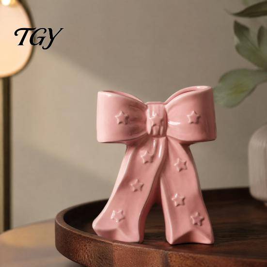 Flower Arrangement Pot Ceramic Bow Vase with Star, Decorative Flowers Vase, Creative Chic Room Decor Gifts Holder for Living Table Centerpiece