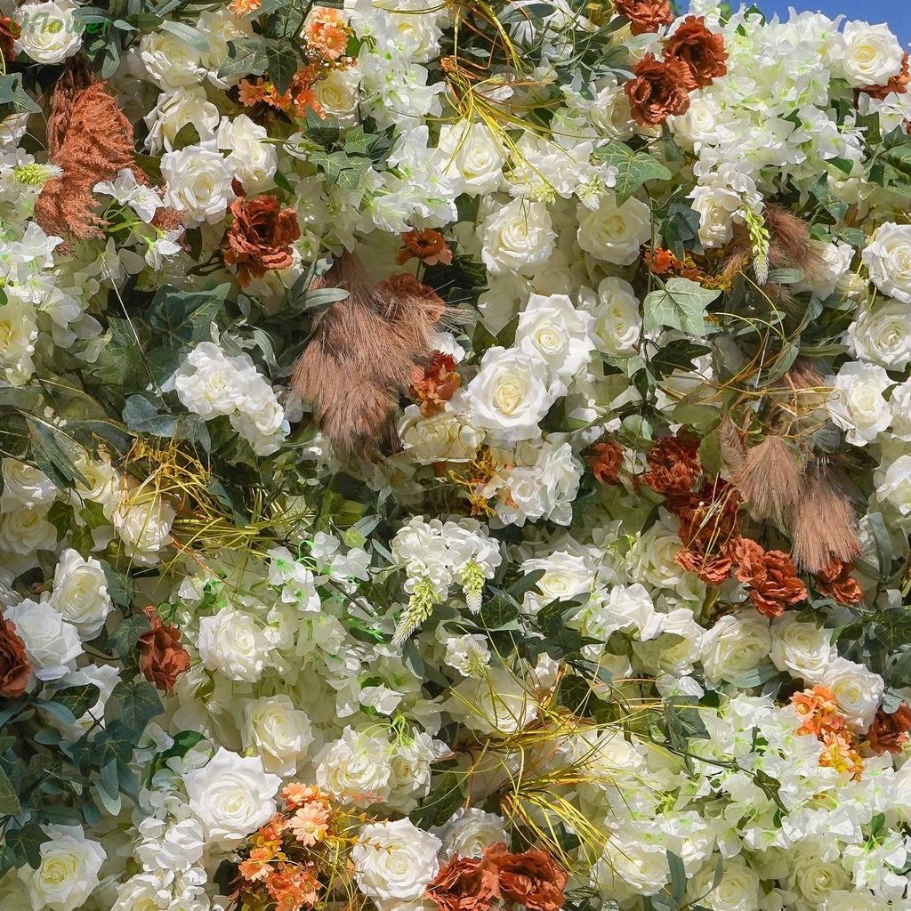Uflower Artificial Flower Wall Roll-Up White with Green Leaves Fabric Floral Backdrop for Wedding Event Party Decoration Curtain