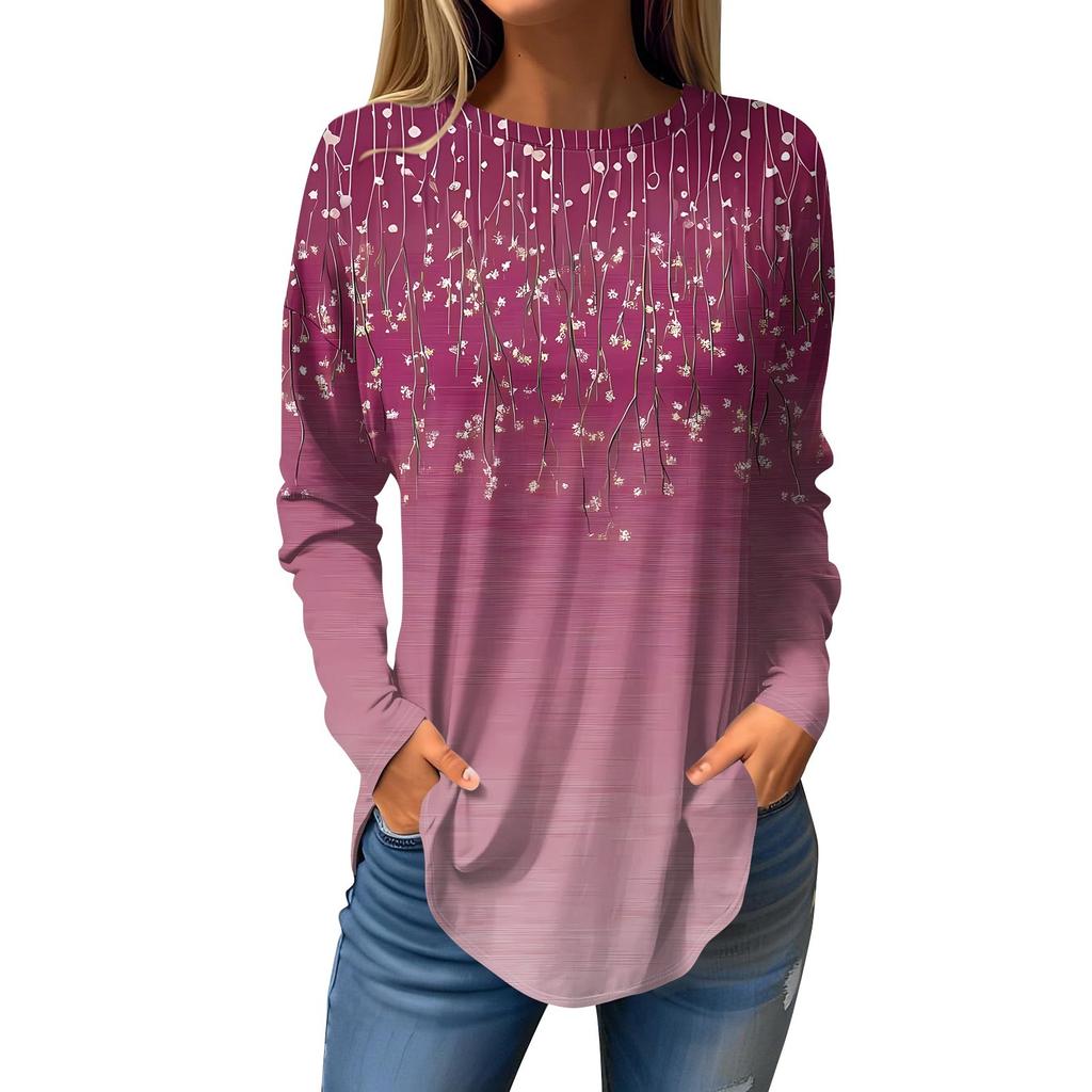 Damen T-Shirt mit Rundhalsausschnitt, lockerer Schnitt, langärmelig, Top, Pullover