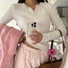 Spring Summer Women's Y2K Casual Solid Colour Button V-Neck Knit Long Sleeve Top