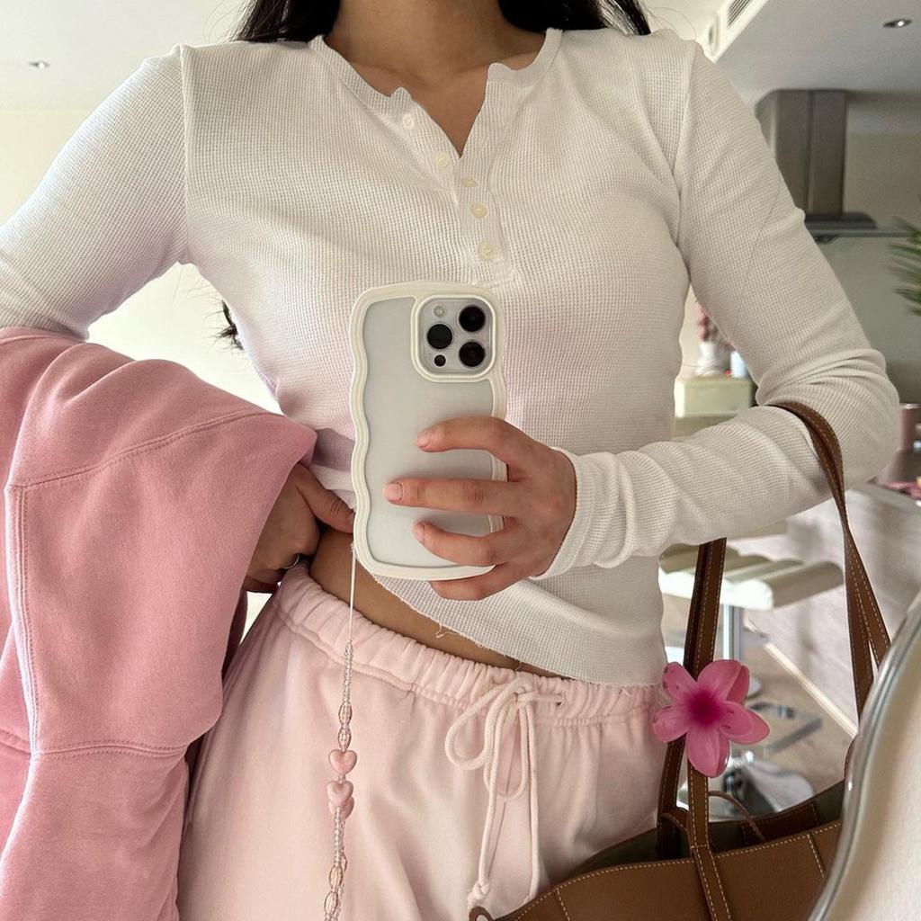 Spring Summer Women's Y2K Casual Solid Colour Button V-Neck Knit Long Sleeve Top